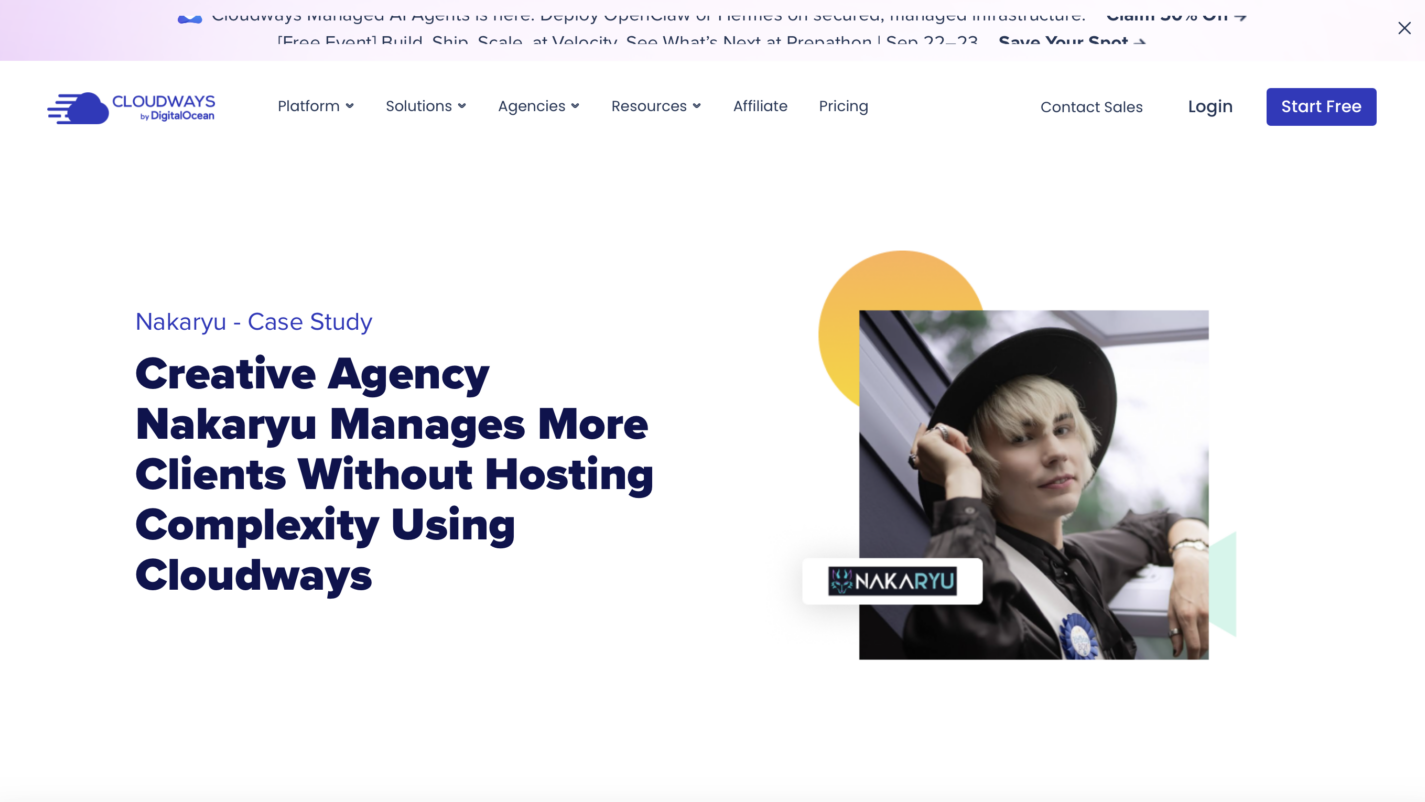 Screenshot der Cloudways-Website mit dem Titel Creative Agency und einer Frau am Computer.